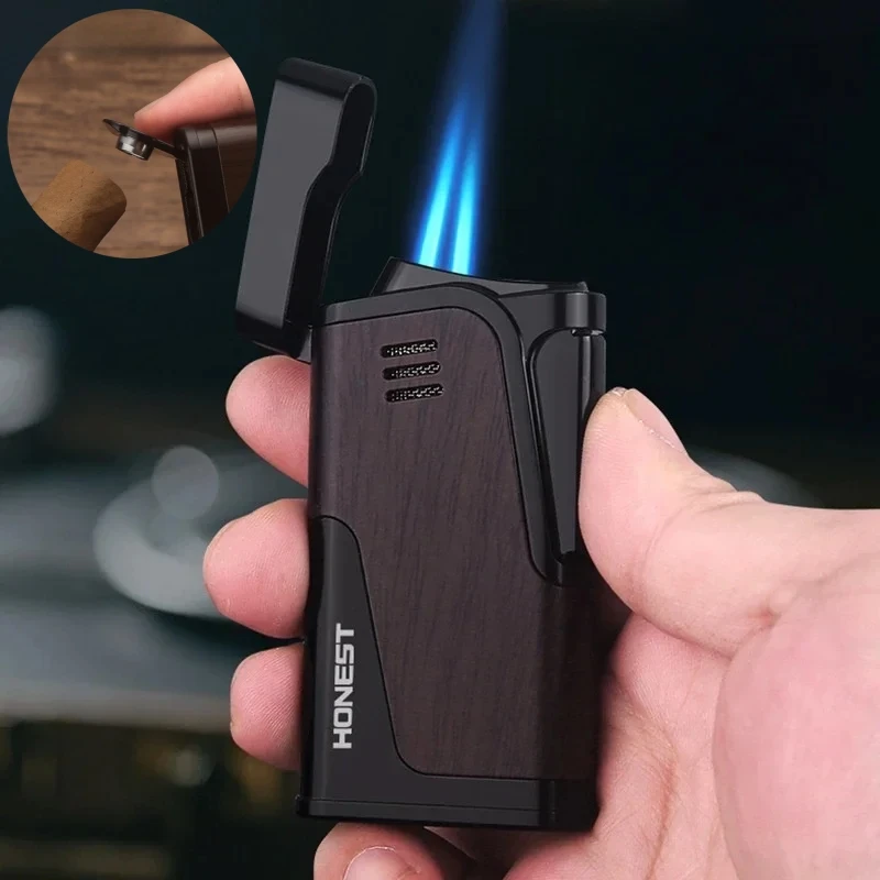 

HONEST Metal Oblique Fire Cigar Lighter with Cutter Windproof 2 Jet Blue Flame Lighter Visible Gas Window Lighter Smoking Gadget