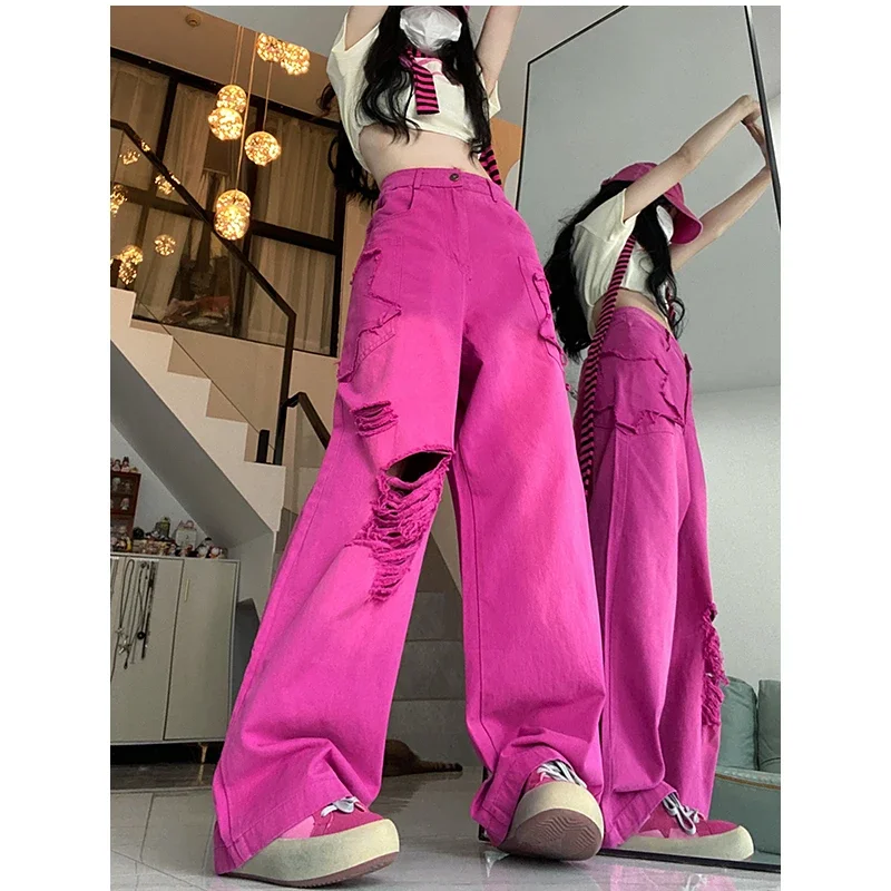 Rose Red Women's Jeans High Waist Vintage Straight Baggy Denim Pants Streetwear Holes Design Fashion Wide Leg Denim Trouser