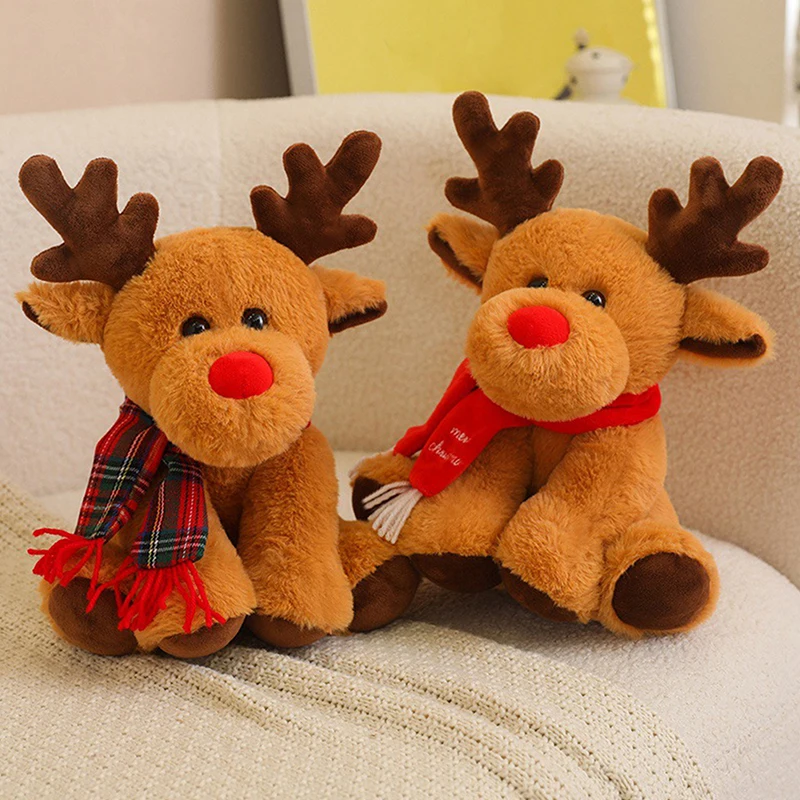 1PC Kawaii Christmas Deer With Scarf Dolls 30cm Lovely Reindeer Plush Toys Stuffed Soft Pillow For Christmas Decoration Gift