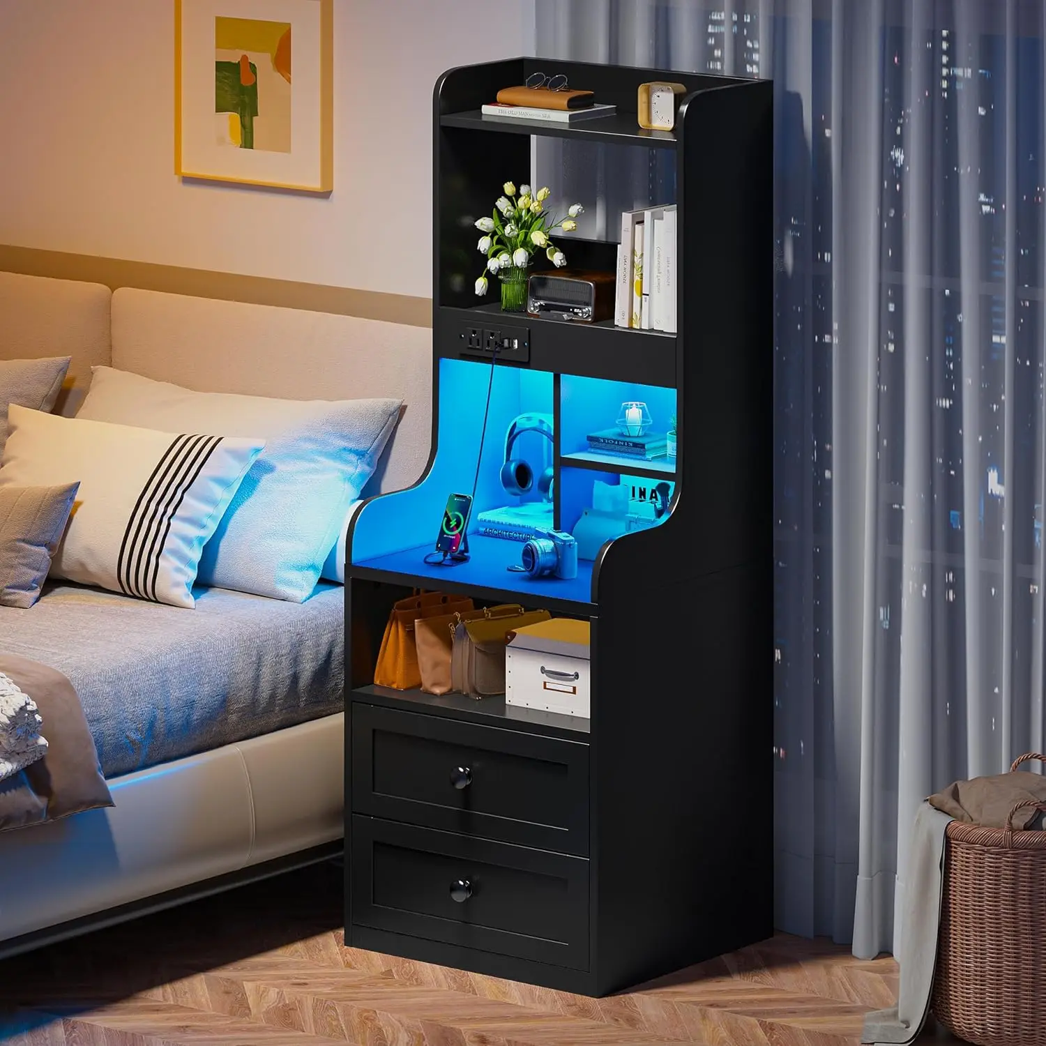

Tall Nightstand with LED Lights and Charging Station Black Nightstand with 2 Drawers & Shelves Large LED Bedside Table