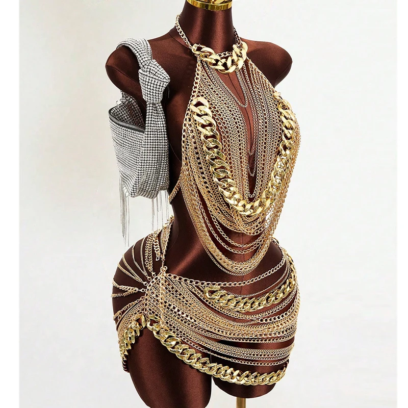 Handmade Sexy Silver Chainmail Festival Holiday Multilayer Crop Top Body Chain Women Gold Metal Mesh Halter Top And Skirt Set