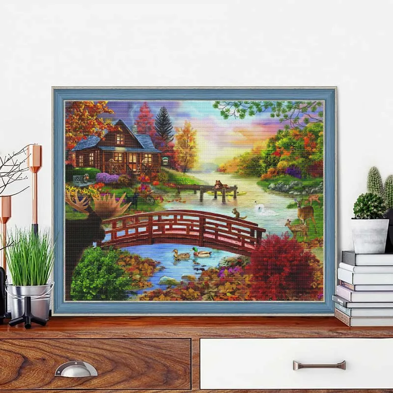 Diamond Art Painting Kits Mountains And Rivers Landscape Mosiac Stream Flows Bridge Scenic Cross Stitch Crafts Supplies Adults