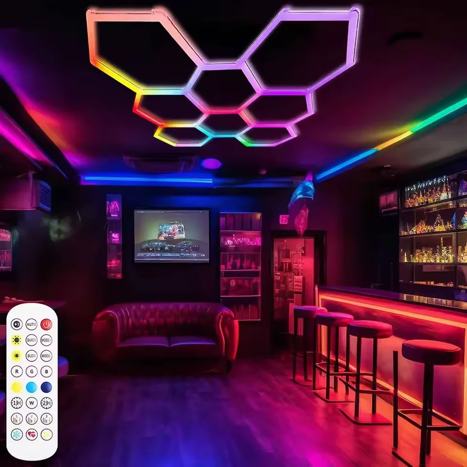 RGB Hexagon Garage Light Honeycomb Hexagonal LED/RGBW Garage Light APP Control for Car Wash Repair Lamps Decor Ceiling Lighting