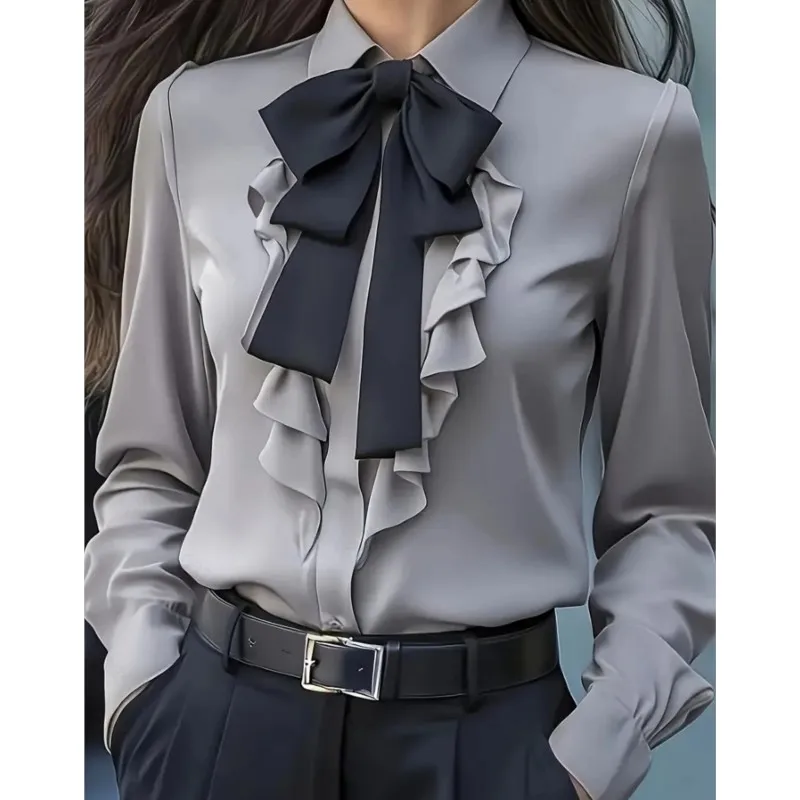 

Elegant Bow Tie Women Shirt Luxury Designer Clothing 2025 Autumn Long Sleeve Ruffles Splic Office Ladies Tops Camisas & Blusas