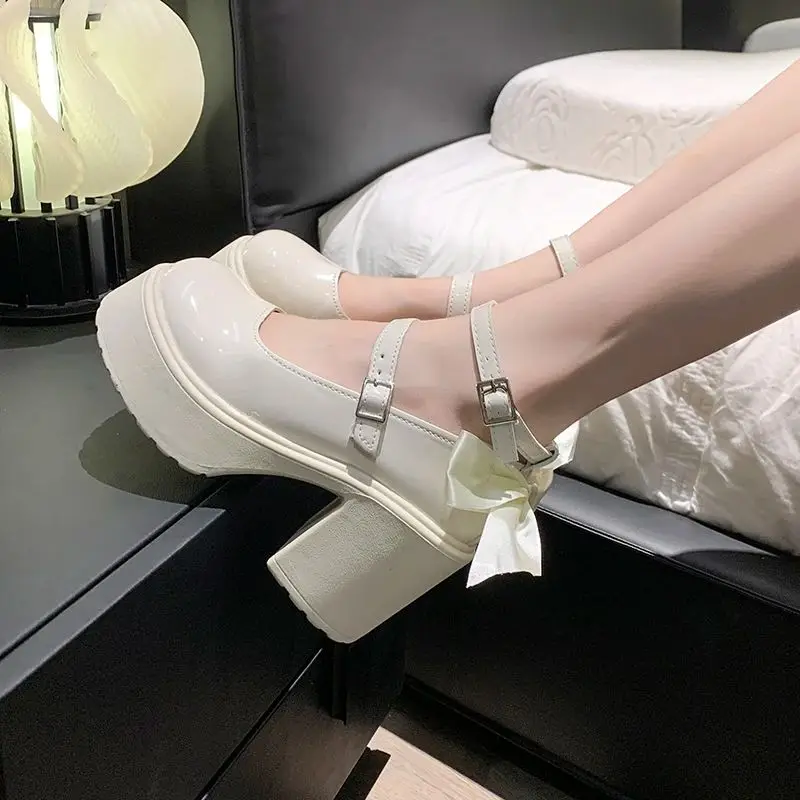 Chunky Platform Mary Jane Shoes for Women Patent Leather Lace Ankle Strap Pumps Woman Black White Bow Lolita Shoes Y2K