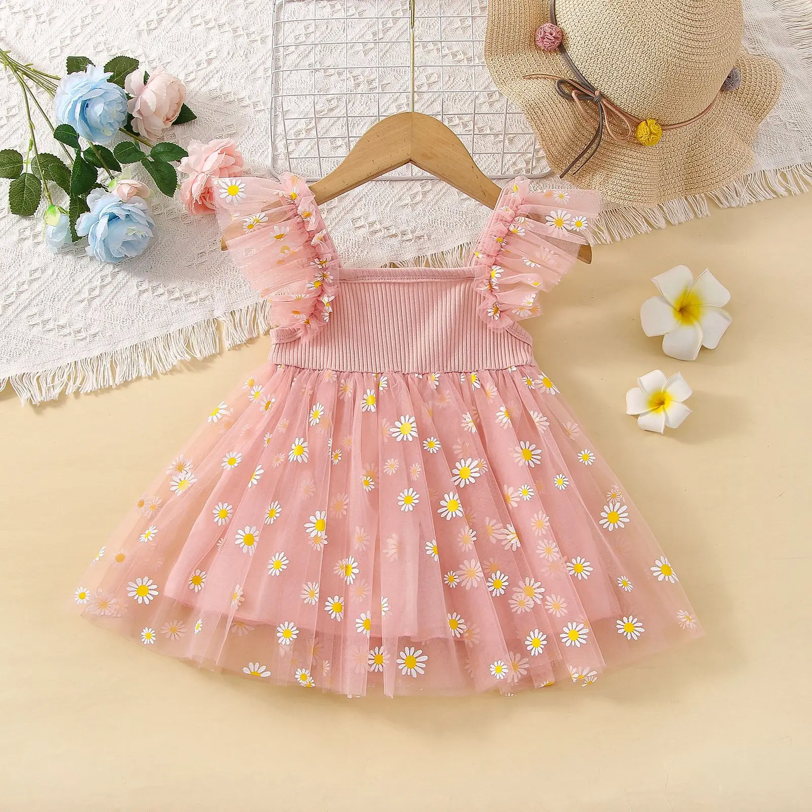 Summer New Daisy Chiffon Baby Girl Dress, Princess Style Wedding Party Children\'S Sleeveless Clothes (6 Months -3 Years Old)