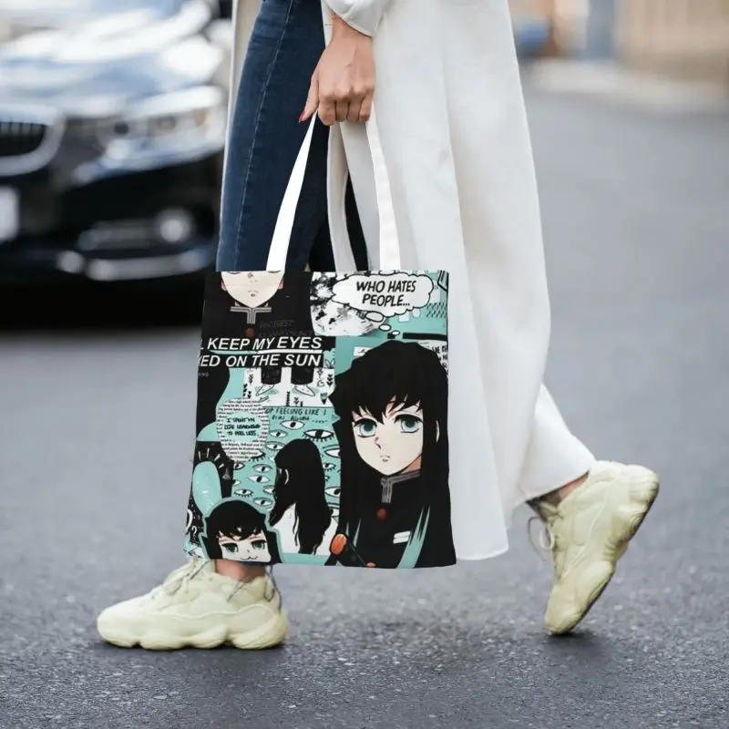 Anime Demon Slayer Grocery Shopping Bags Funny Print Canvas Shopper Shoulder Tote Bags Muichiro Tokito Kimetsu No Yaiba Handbag