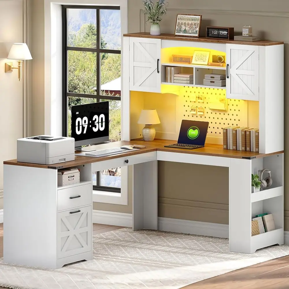 

67-дюймовый L-образный стол из белого ореха с ящиком и полками для хранения со светодиодной подсветкой для домашнего офиса