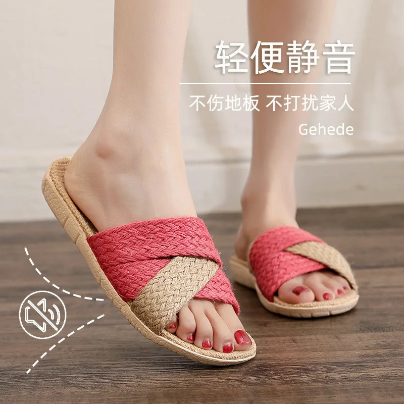 Linen slippers woven straw shoes women's pure hemp straw woven home four seasons silent indoor retro men's hemp cool tray