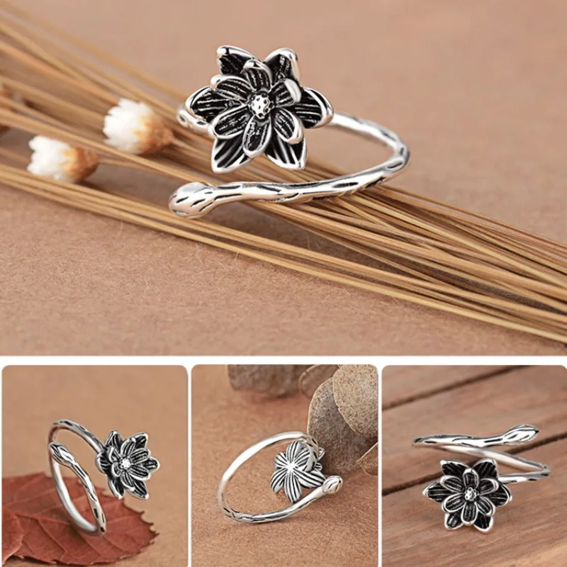 925 Sterling Silver Vintage Lotus Flower Ring for Women Boho Jewelry Gift Wedding Party Jewelry Gifts