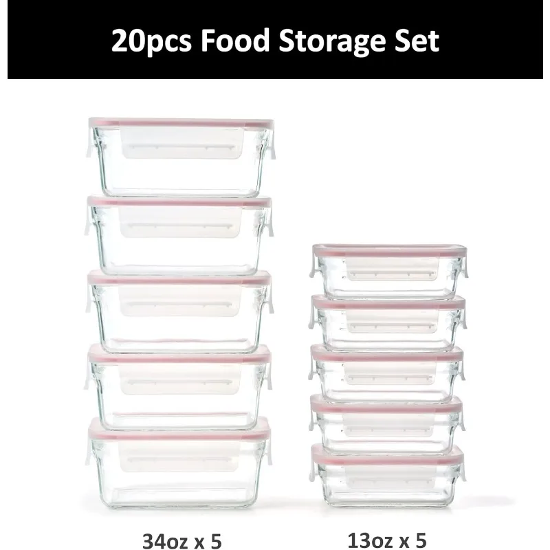 10-pack Glass Pre-dinner Set (13 Oz and 34 Oz) - 100% Airtight and Leak Proof, Dishwasher Safe, BPA-free Lid, Refrigerator To