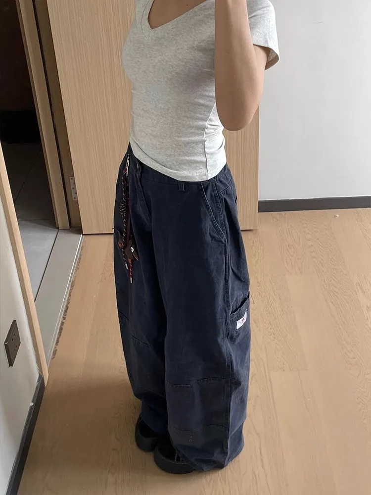 

Синие широкие брюки для спецодежды, женские 50, маленькие свободные американские свободные повседневные брюки с прямыми ножками, осенние новые повседневные высокие брюки...