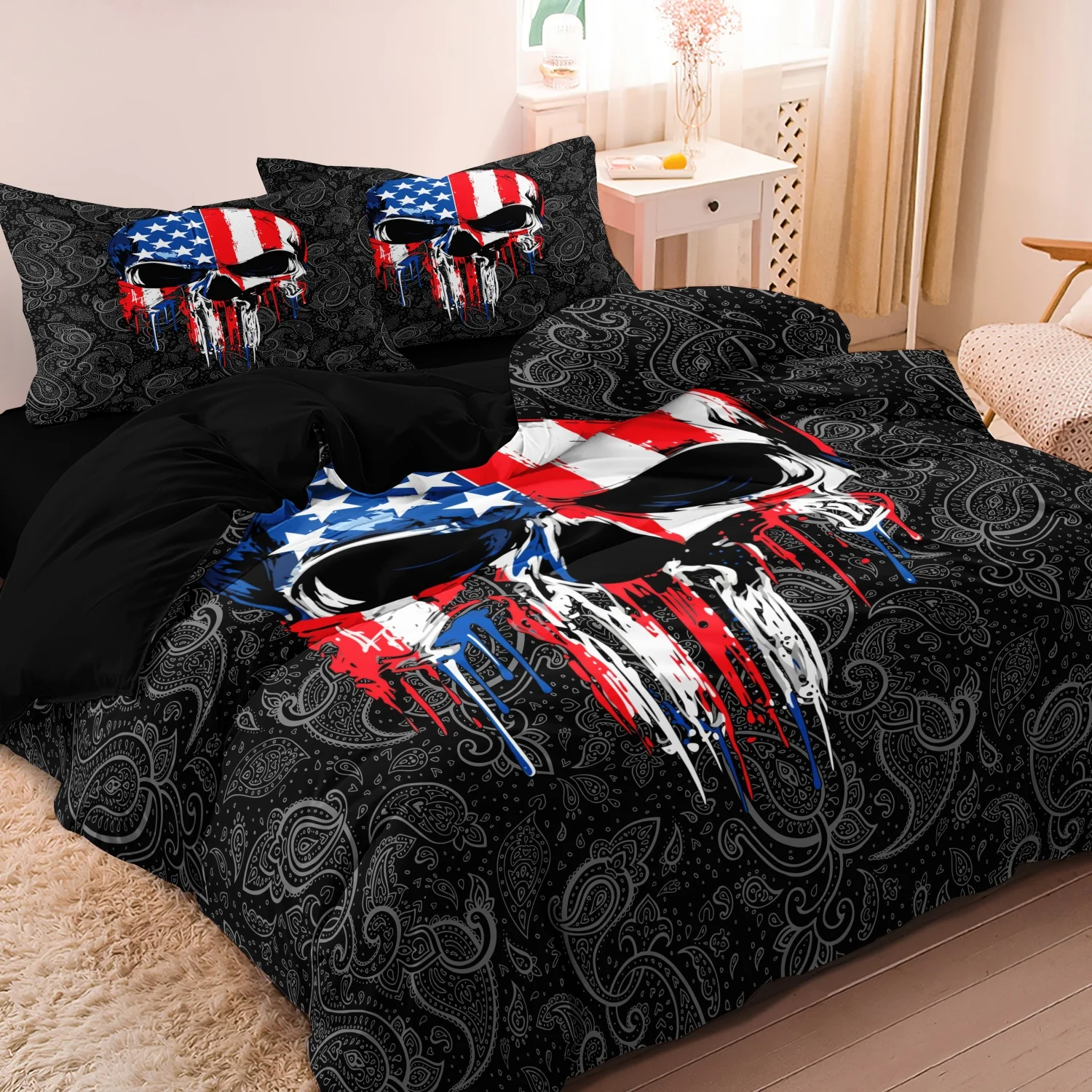 3Pcs Patriotic USA Flag Skull Paint Duvet Cover Set, Black  Grey Paisley Drip Paint American Skeleton Printed Bedding