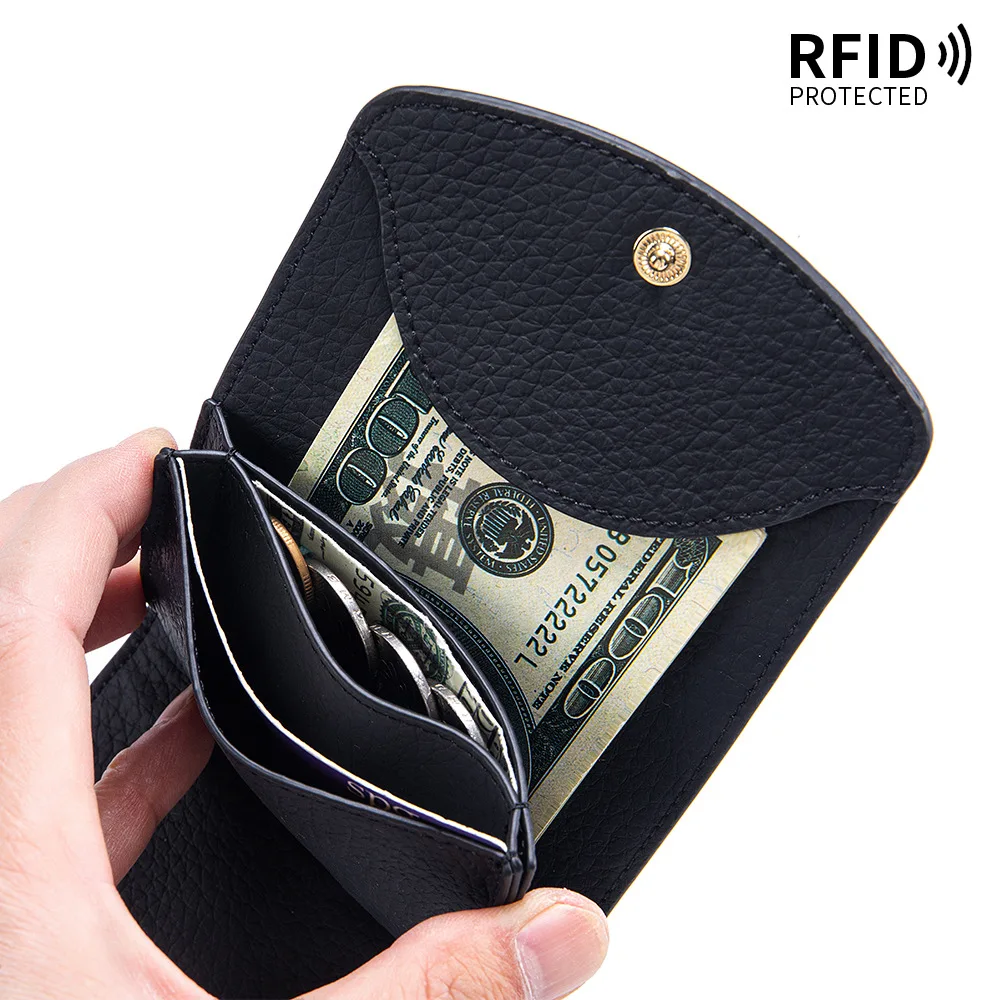 محافظ نسائية من جلد البقر المحبب على الطراز الياباني، محفظة صغيرة قابلة للطي - إغلاق سريع ومنظم محمي من RFID