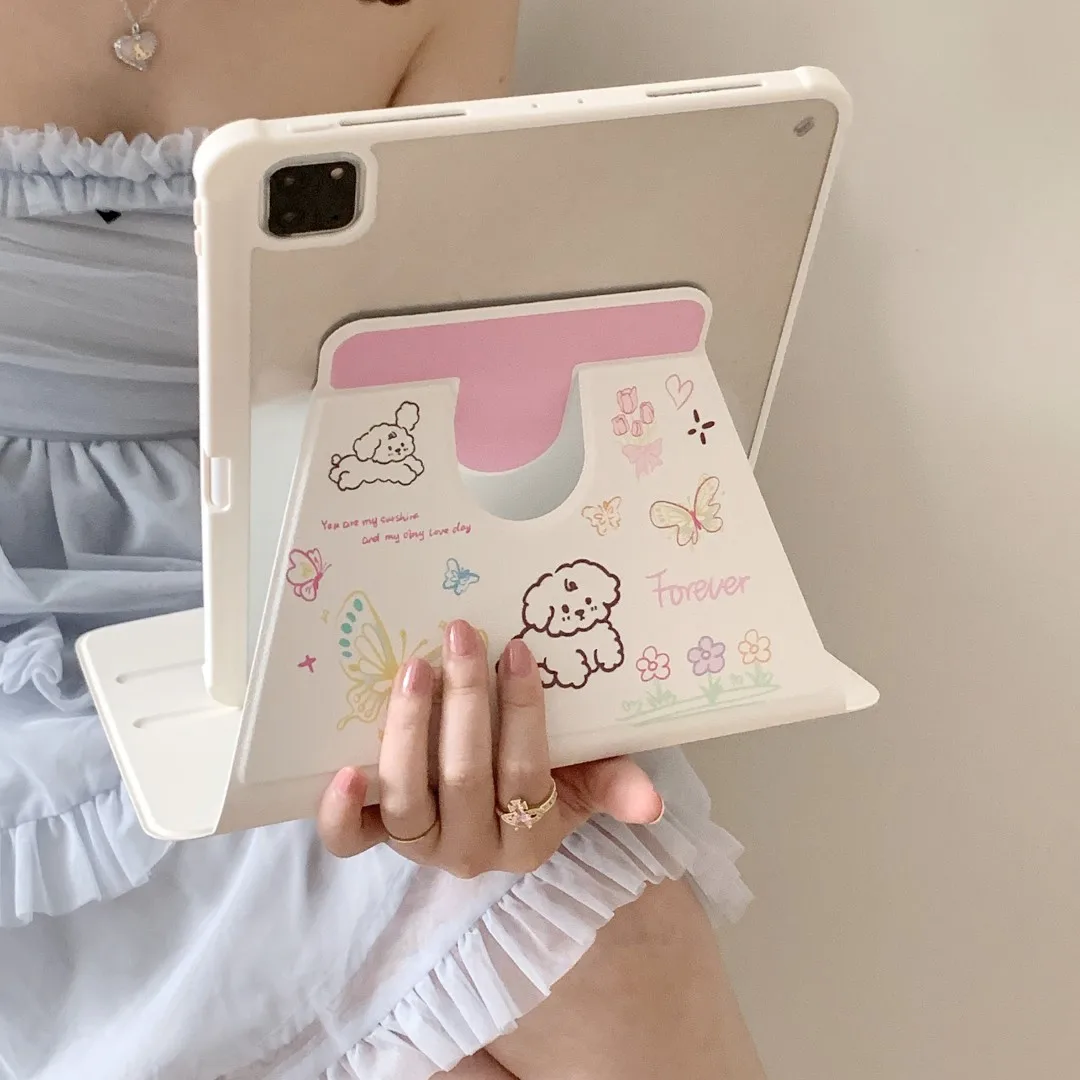 360 Degree Rotation Case For iPad 10th 2022 Gen 7 8 9 10.2 Air 5 4 10.9 Mini 6 with Pencil Holder Cartoon Butterfly Puppy Cover