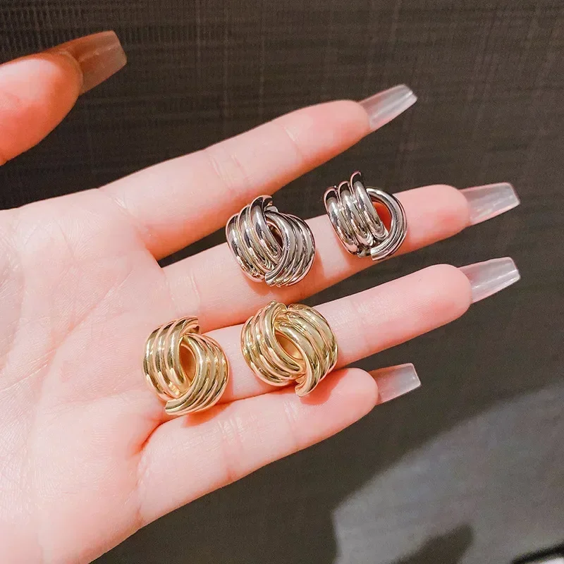 Korean Simple Multi Layer Wrapped C Shape Stud Earrings for Women Minimalist Gold Tone Metal Hoop Earrings Fashion Jewelry Gift