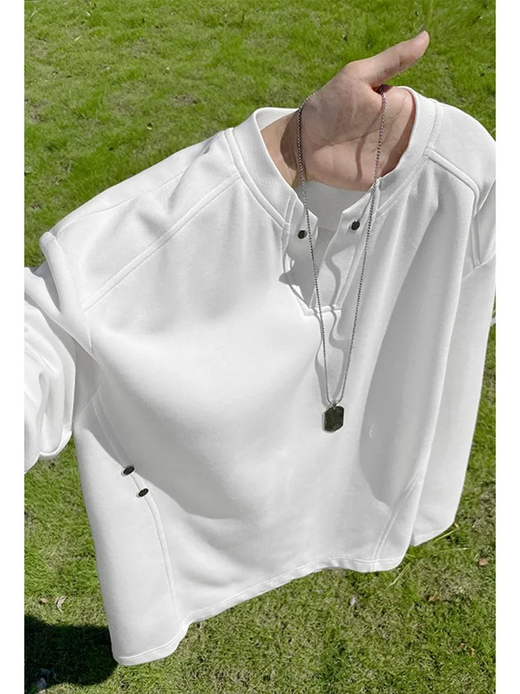 White Rivet Splicing V-neck Men's Sweatshirt Long Sleeve T-shirt American Retro Style Base Layer Shirt for Autumn Season