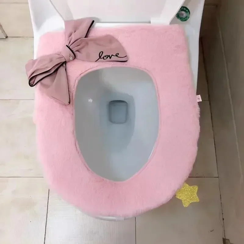 Winter Plush Toilet Cushion Household Thick Warm Paste Type Toilet Cover Cute Bow Toilet Cover Protective Cover Seat Mat
