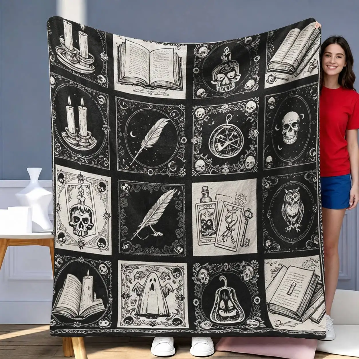 1pc Halloween Raven Pumpkin Skull‑Print Throw Blanket, Spooky Home Decor, Dark‑Fantasy Gift for Horror Lovers