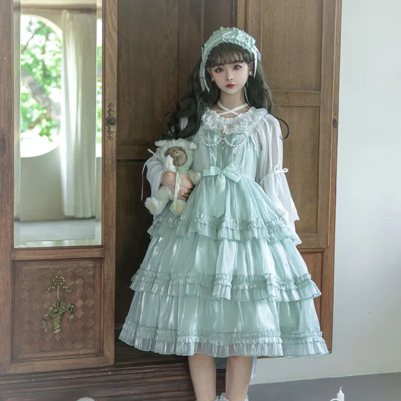Star Gauze Love Song Lolita JSK Mini Dress Three Stage Cake Ruffles Green Princess Party Dress Girls Harajuku Kawaii Strap Dress