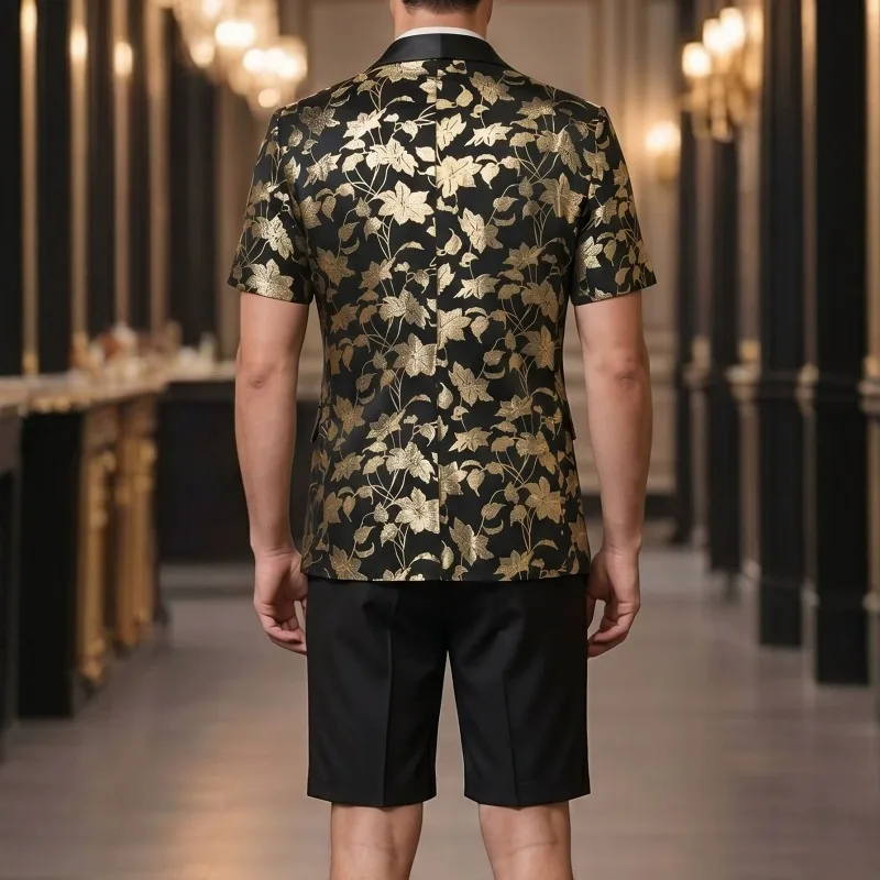 KIDWHXR Summer Suit Set Man Contrast Color Printed Short Sleeve Blazer Male Straight-leg Shorts Men Party Stage 2-piece Outfit