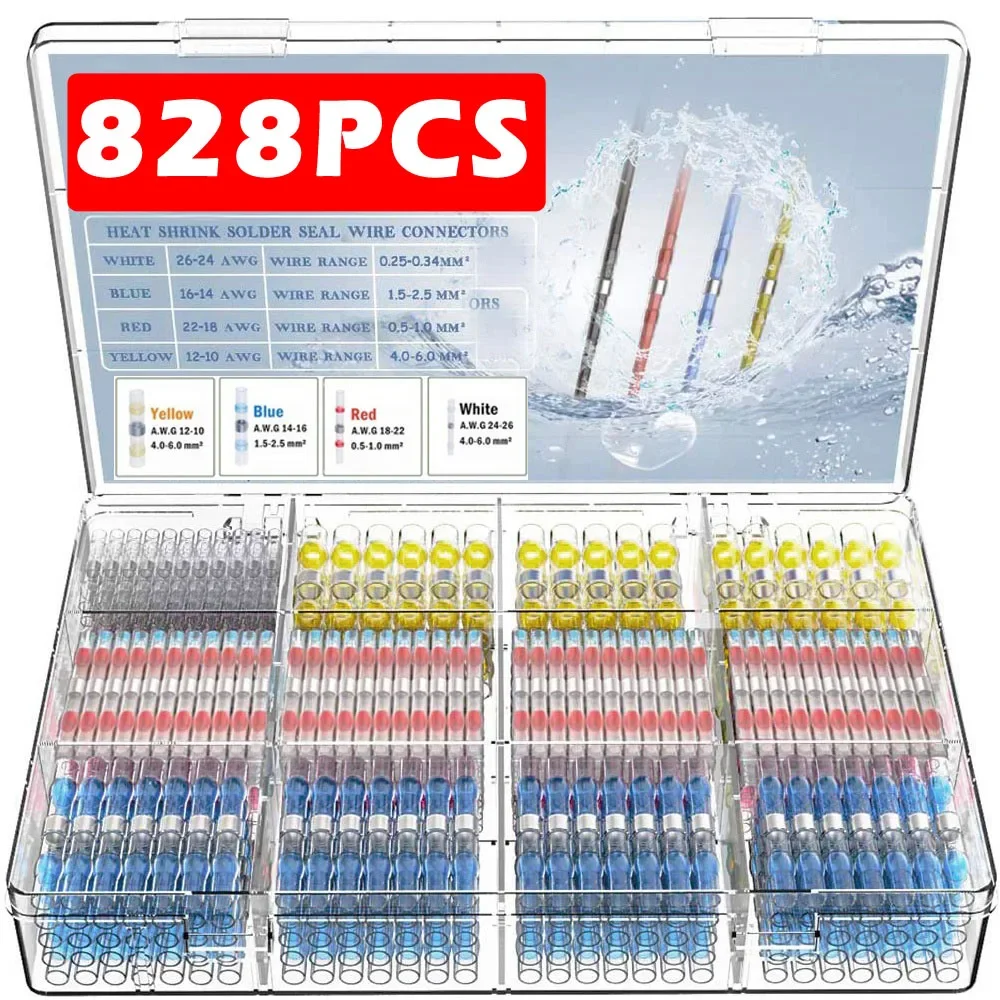 50/100/300/500/800/828 قطعة مقاوم للماء تجعيد محطات لحام ختم الأسلاك الكهربائية كابل لصق الحرارة يتقلص بعقب موصل أطقم