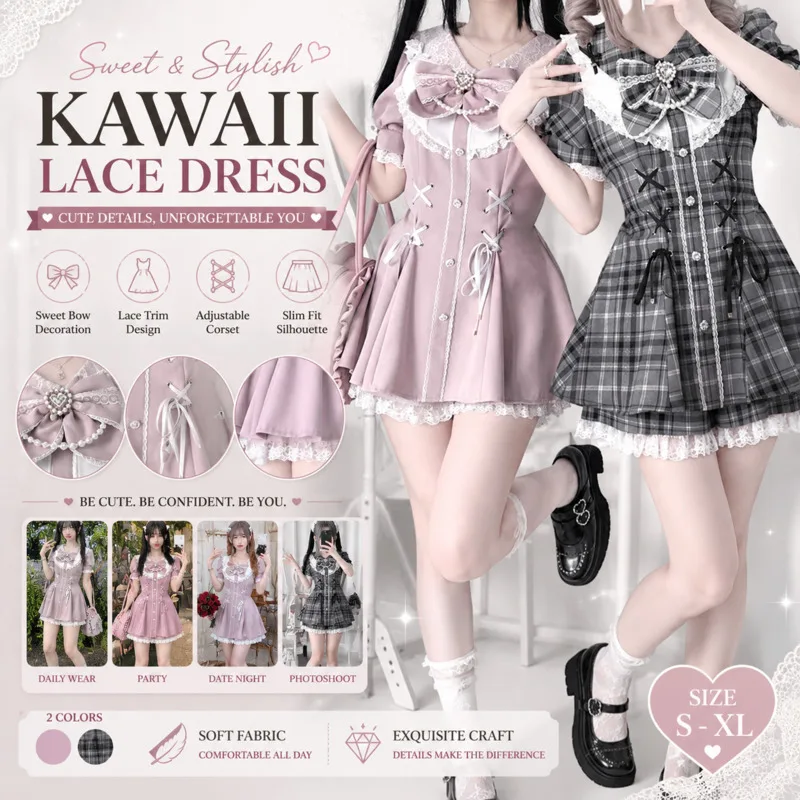 

Mini Dresses Y2K Sweet Bow Lace A Line Dresses Slim Waist Cute Girl Bow Party Dresses Women College Style Midi Dresses Outfit
