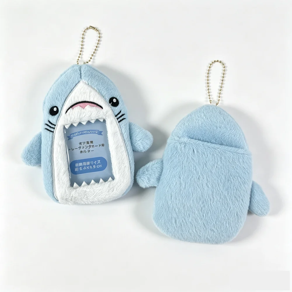 Kawaii Shark Plush Photocard Display Holder, Fluffy 3 Inch Kpop Idol Card Sleeve, School Bag Hanging Card Protector Pendant