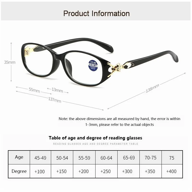 Women Fox Anti-Blue Reading Glasses Ladies Fashion Presbyopic Eyeglasses Computer Prescription Eyewear +1.0~+4.0 MYT_0495