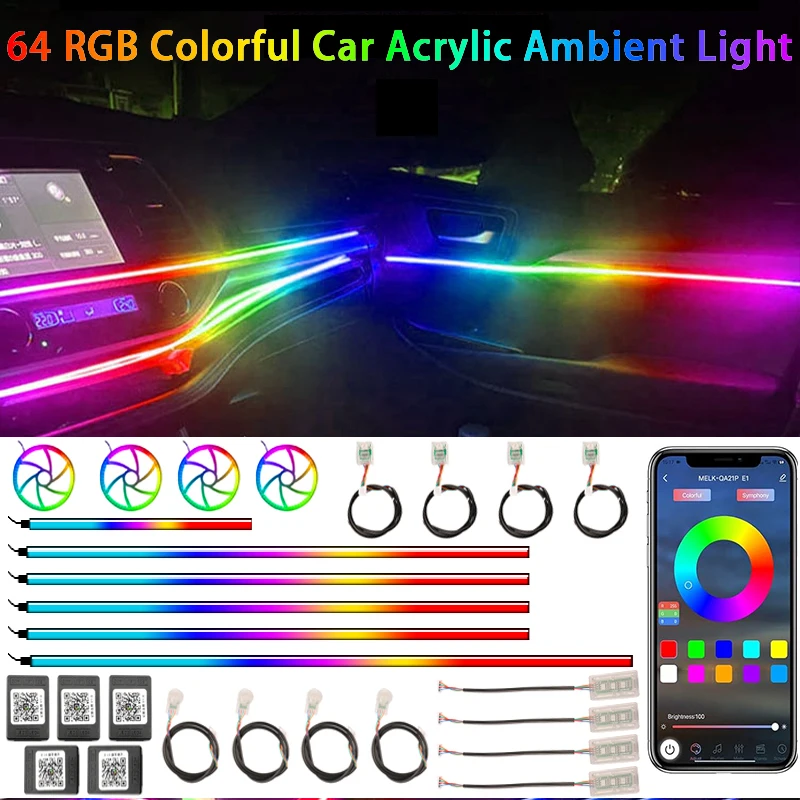 

64 RGB Автомобильная окружающая лампа, Bluetooth управление через приложение, интерьерная Автомобильная симфония, атмосфера, радуга, универсальная лампа светильник 18 в 1