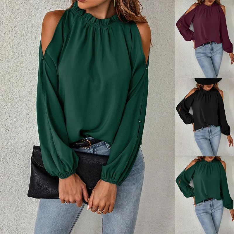 

Women's Shirt Half Turtleneck Long Sleeve Off-shoulder 2026 Spring Summer New Women's Solid Color Lotus Leaf Pleated Fashion Top