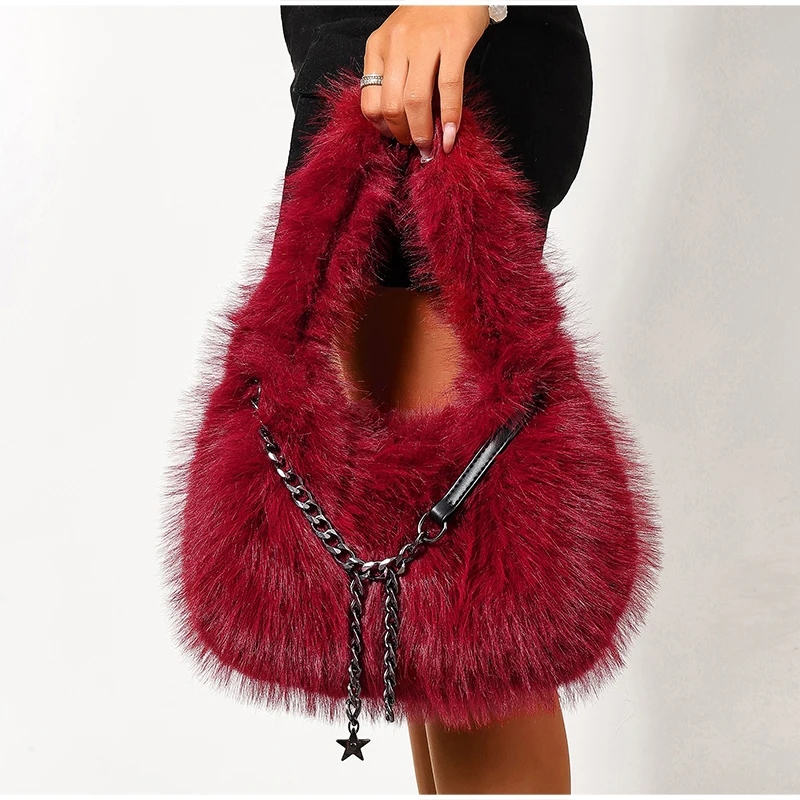 Weiche, glatte, flauschige Plüsch-Umhängetasche, Winter-Handtasche in Uni-Farbe, Metallketten-Tragetasche, lässige, individuelle Unterarmtasche – Detail 26