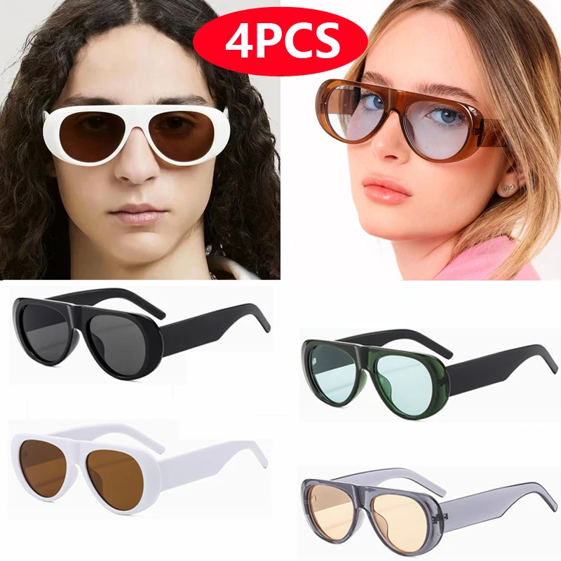 4pcs New Fashion Women Large Frame Retro Sunglasses Sets UV Resistant Oval Female Advanced Minimalist Style Glasses