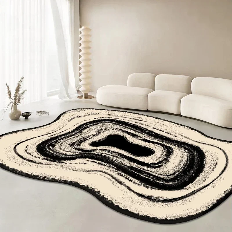 Shaped Living Room Carpet Wabi-Sabi Style Abstract Bedroom Carpets Beige Black Quicksand Art Rug Easy Care for Coffee Table Rugs