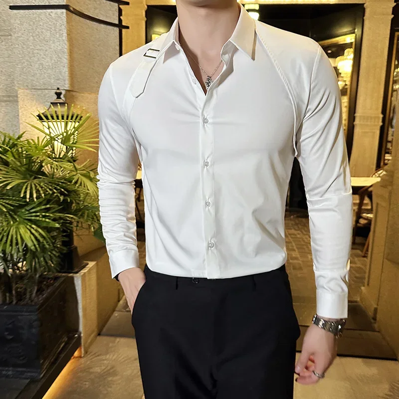 High End Strap Design Solid Color Shirts for Men Fashion Gentleman Long Sleeve Men Dress Shirt Luxury Lapel Chemise Social Homme