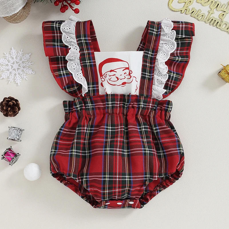 

Newborn Baby's Clothes Girl Christmas Romper Fly Sleeve Santa Claus Print Plaid Bodysuit Overalls for Daily Party Festival