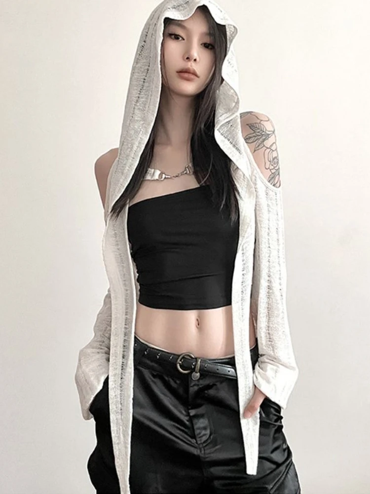 

QWEEK Gothic Punk Hollow Out Hood Crop T Shirt Women Goth Streetwear Hollow Out Emo Long Sleeve Sexy Cropped Top 2024 Autumn