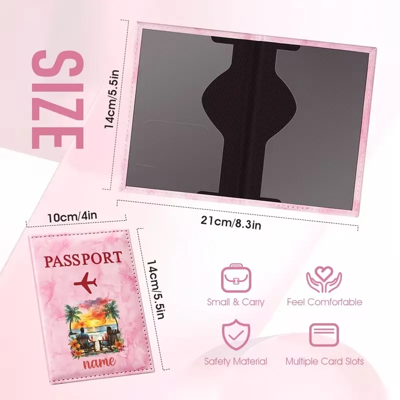 Personalized Name Tropical Sunset Coconut Grove Illustration Design PU Passport Holder, Featuring a Silhouette of a Couple