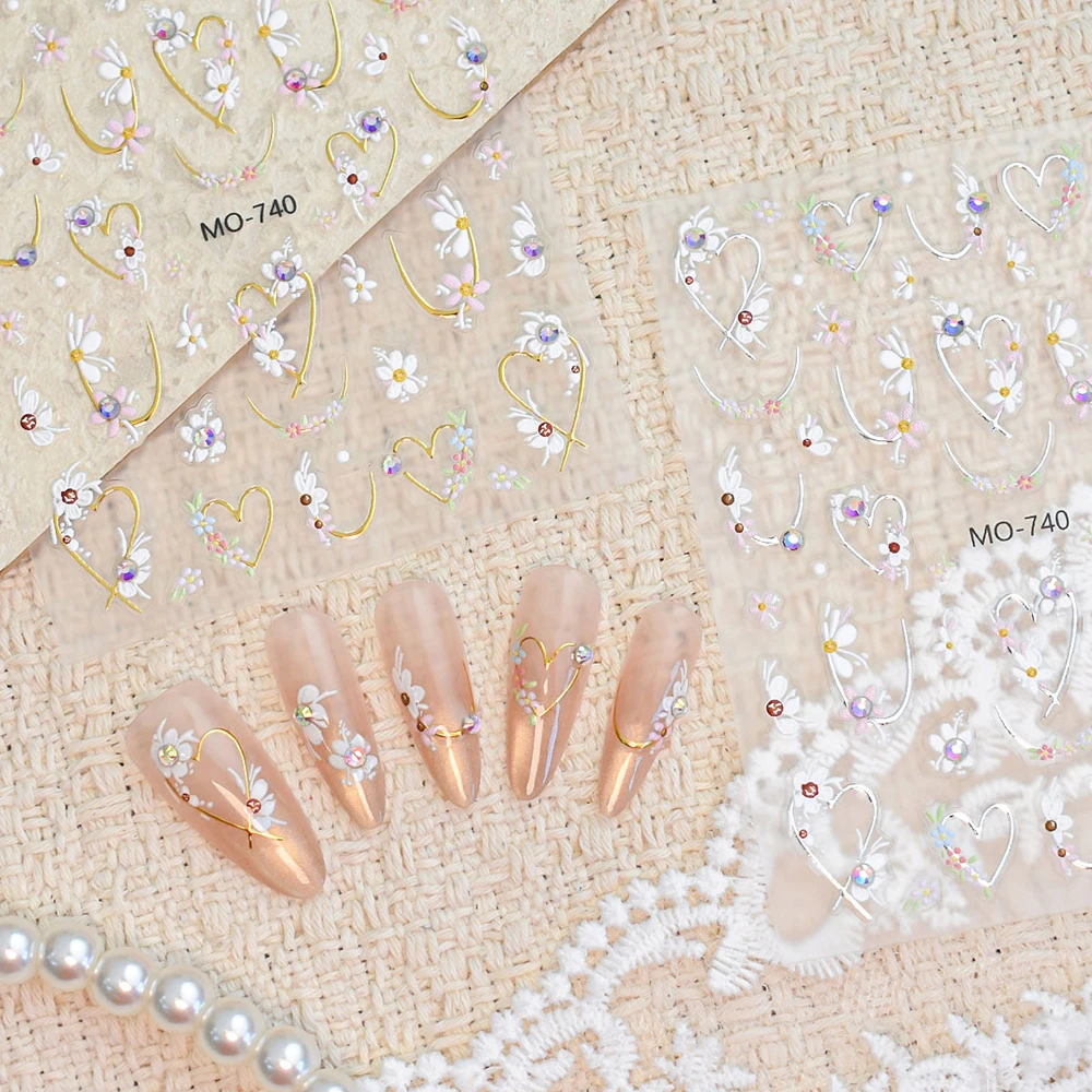 4 Stück Diamant-Blumen-Nagelaufkleber 3D Frühling Sommer Nageldekoration Gold Silber Linie Herzförmige Edelsteine Französische Nageldesigns Hochzeit – Detail 1
