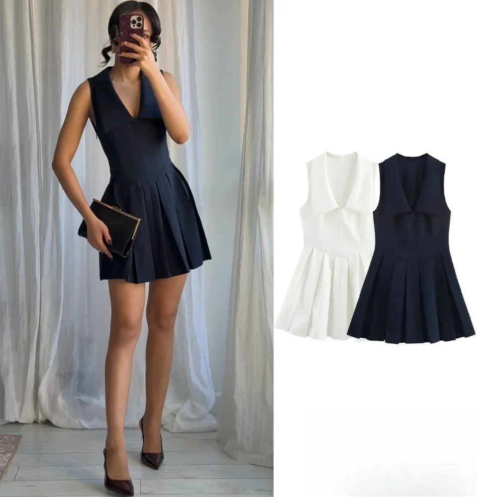 KONDALA Vrouwen Herfst Brede Kraag Mouwloze Korte Jurk Elegante Geplooide Zoom Jurk Zoete Nieuwe 2023 Lente Zomer Vakantie Jurk