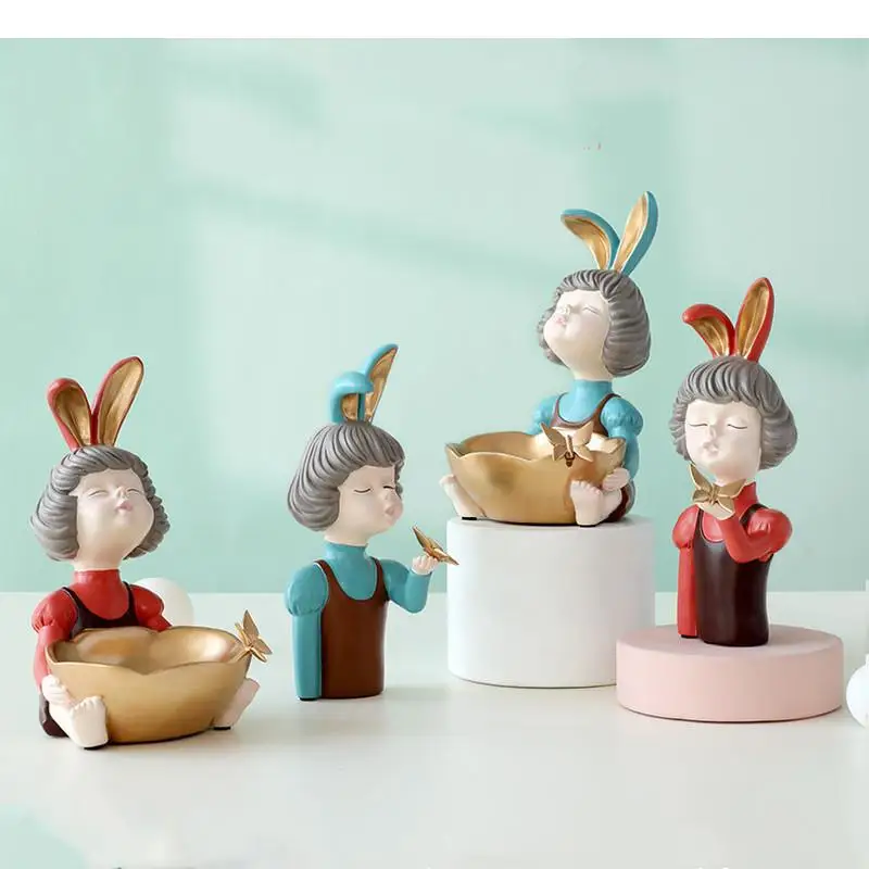 Rabbit Ears Girl Statue Crafts Storage Ornaments Box Organize Disk Desktop Furnishings Home Decoration Accessories