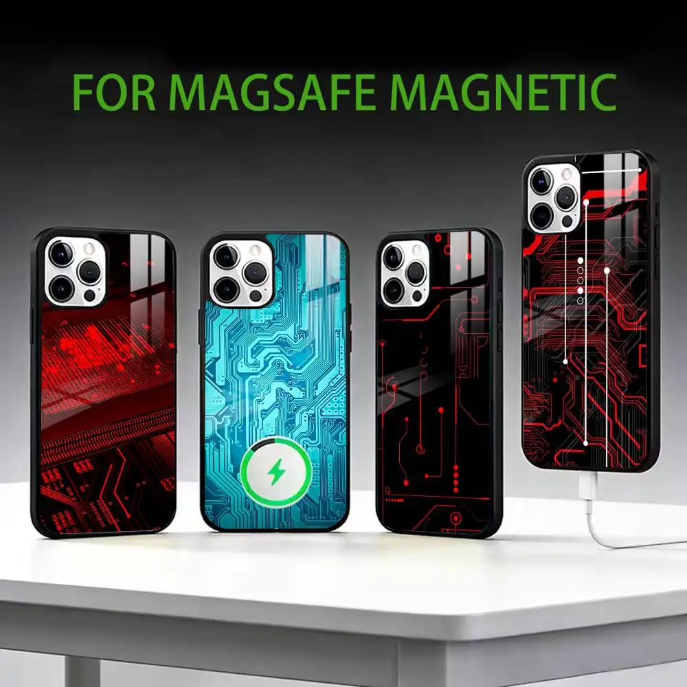 

Creative Circuit Board Pattern Phone Case For iPhone17,16,15,14,13,12,11 Plus,Pro Max Magnetic For Magsafe Wireless Charging