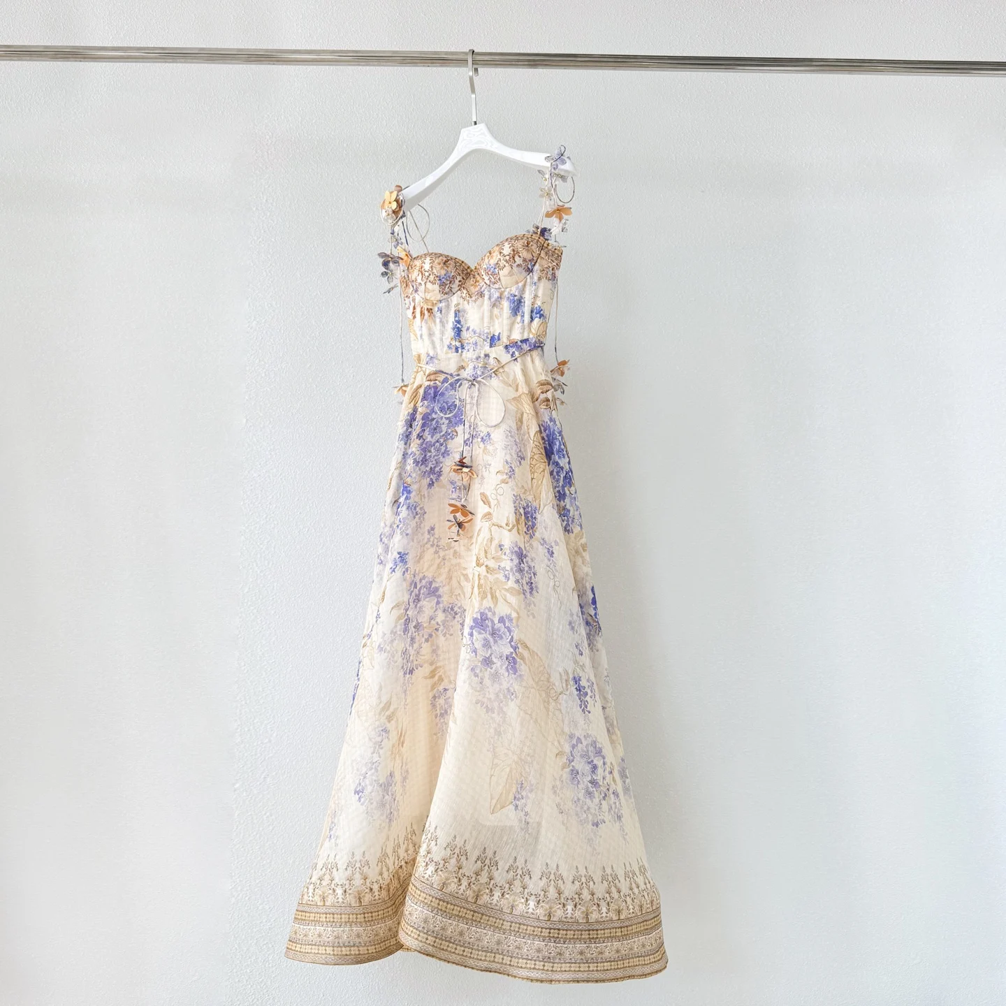 

Highest Quality Version Romantic Spring Purple Floral Silk Linen High Waisted A-line Pendant Sling Waist Puffy Appliques Dress