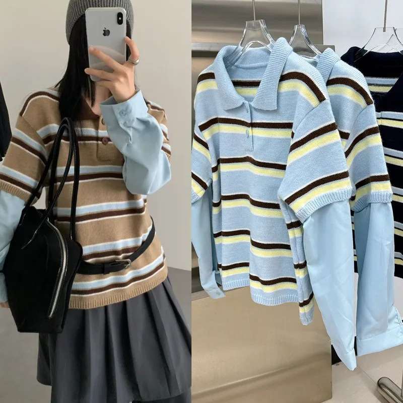 FL Women's Intelligent Stripe Polo Shirt 2026 Spring New Cotton Breathable Comfortable Knit Top Patchwork Long Sleeve