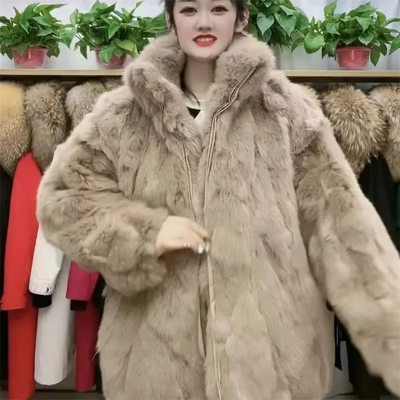 New Loose Korean Women's Winter Internet Celebrity Rabbit Fur Mid Long Stand Up Collar Fashionable Haining Fur Fur Coat Light