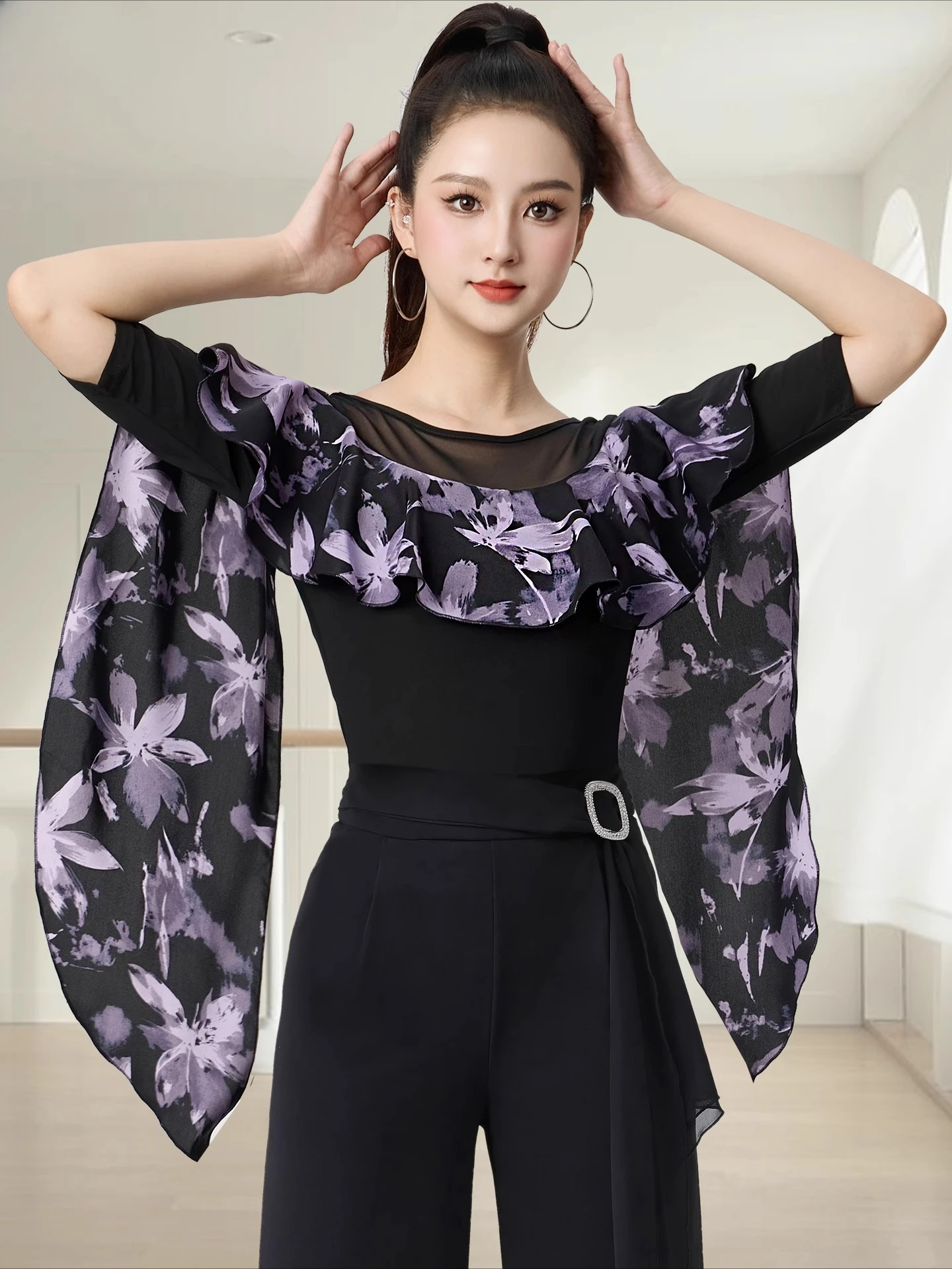 

Dancewear Women Tops Summer Fashion Print Latin Line Dance Costume New Products Ballroom Dance Women Top Training Clothes Black