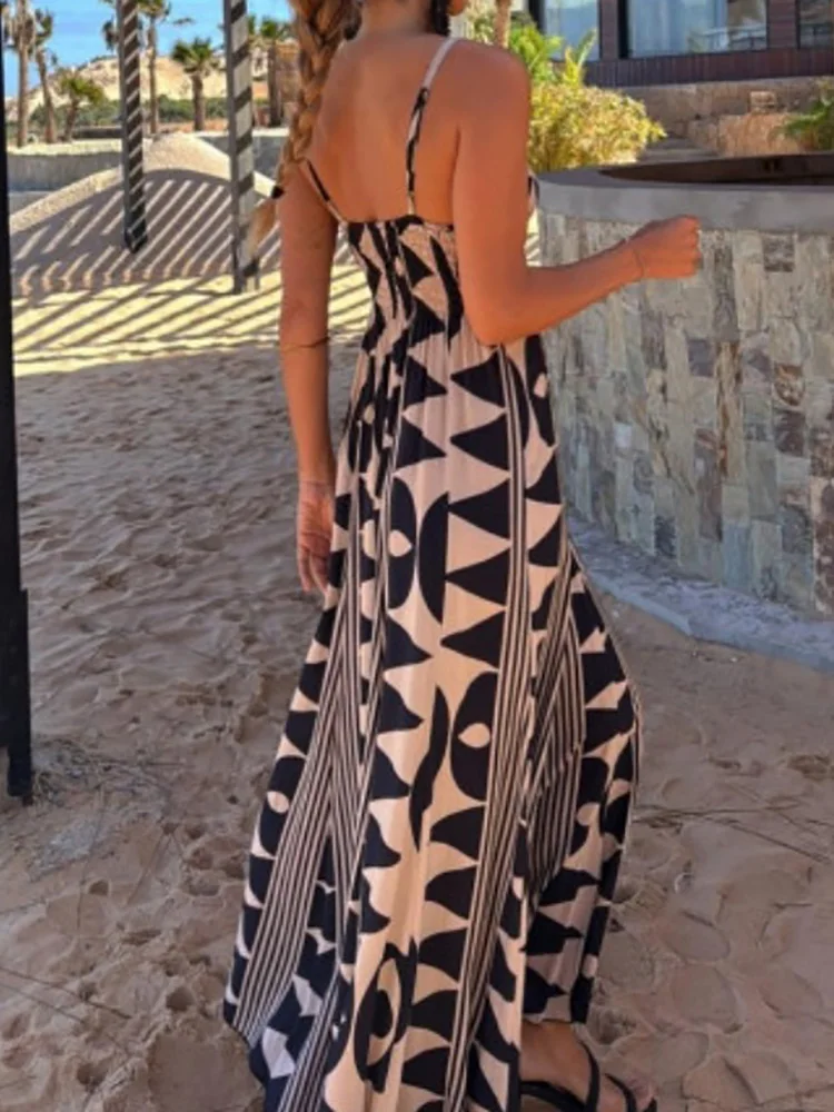 Vestido largo elegante con tirantes finos para mujer, vestido de fiesta de retazos a la moda con cuello en V profundo, vestido de mujer estampado sin espalda estilo playero