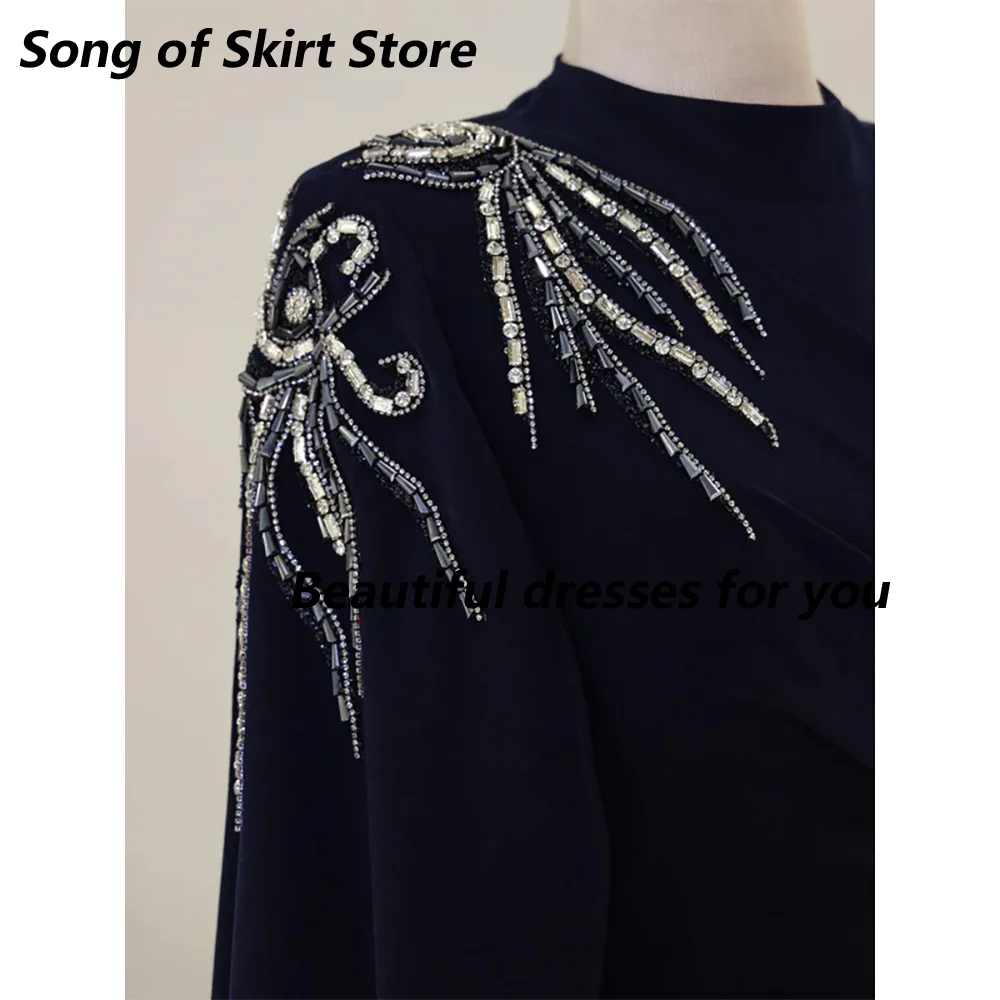 

Navy Evening Dress Customized Elegant High Neck Long Sleeves Crystal Pleat A Line Jersey Evening Gowns Formal Dress2025