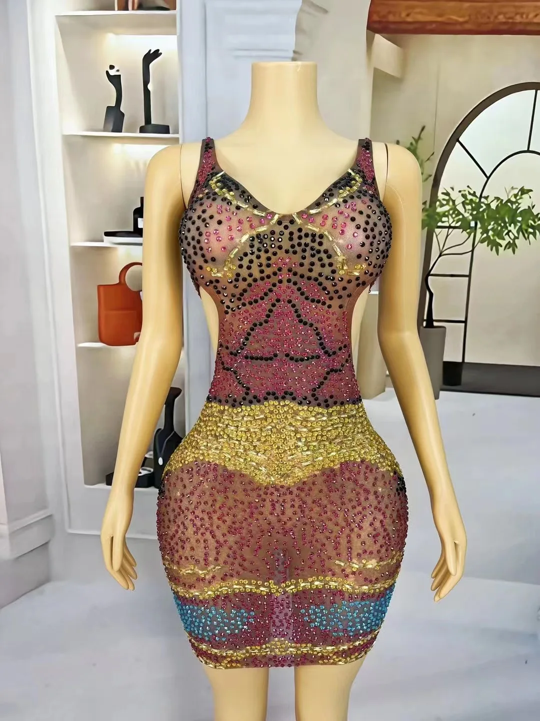 Seksowna scena specjalna błyszcząca dżetów sukienka z wąską talią kobiety koktajlowe przyjęcie urodzinowe wieczór wykonaj strój do sesji zdjęciowej