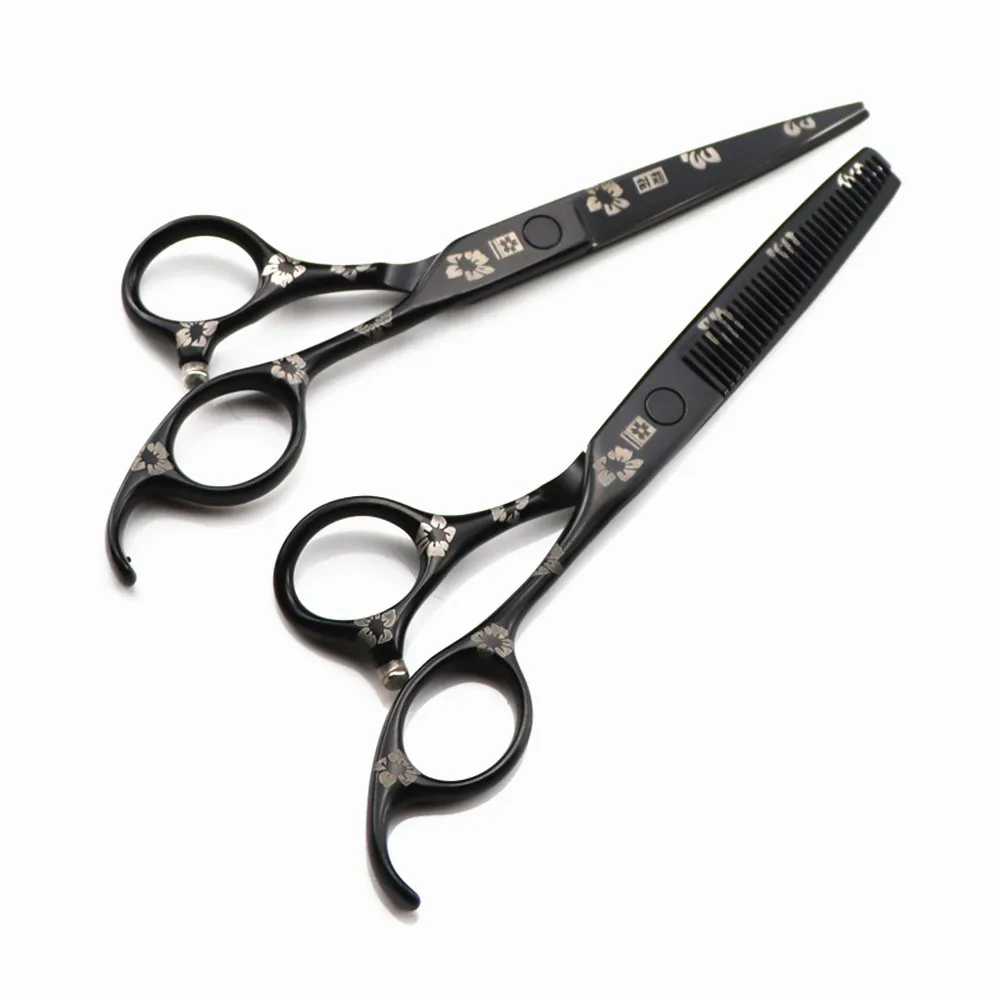 

Professional JP 440c steel 6 '' scissor Black Flower hair scissors haircut thinning barber cutting shears hairdressing scissors